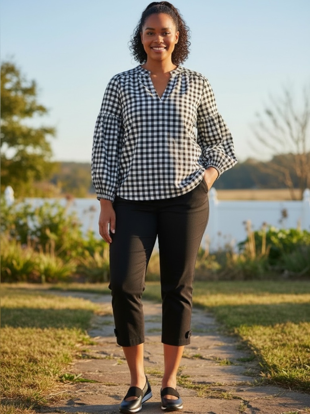 Black and White Gingham Balloon Long Sleeve Blouse Size Medium
